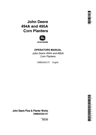 John Deere 494A and 495A Corn Planters Operator’s Manual Instant Download (Publication No.OMB25352)