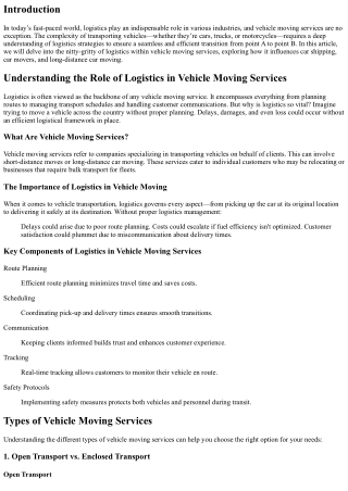 “Understanding the Role of Logistics in Vehicle Moving Services”