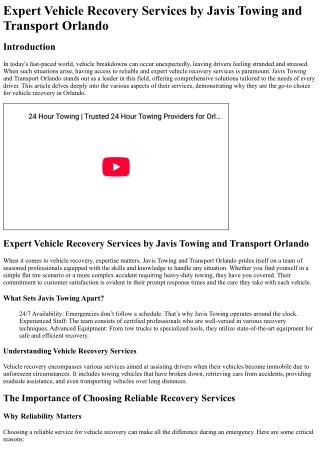 Expert Vehicle Recovery Services by Javis Towing and Transport Orlando