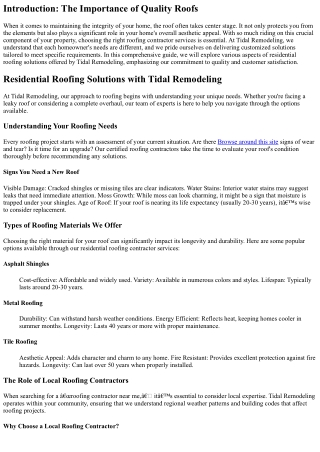 Residential Roofing Solutions with Tidal Remodeling
