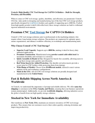 CNC Tool storage products for CAPTO C6 holders from Uratech USA Inc