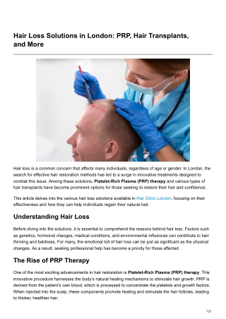 Hair Loss Solutions in London PRP, Hair Transplants, and More