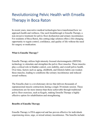 Revolutionizing Pelvic Health with Emsella Therapy in Boca Raton