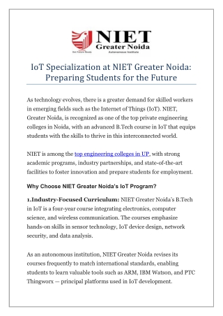 IoT Specialization at NIET Greater Noida Preparing Students for the Future