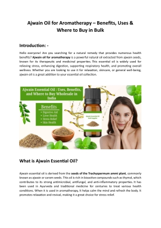 Ajwain Oil for Aromatherapy – Benefits, Uses & Where to Buy in Bulk