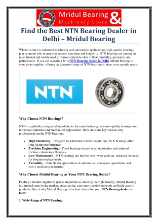 Trusted NTN Bearing Dealer in Delhi – Mridul Bearing for Quality & Reliability