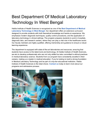 Best Department Of Medical Laboratory Technology In West Bengal