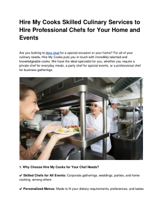 Hire My Cooks Skilled Culinary Services to Hire Professional Chefs for Your Home and Events