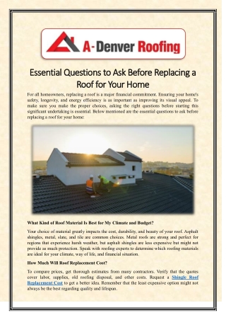 Essential Questions to Ask Before Replacing a Roof for Your Home