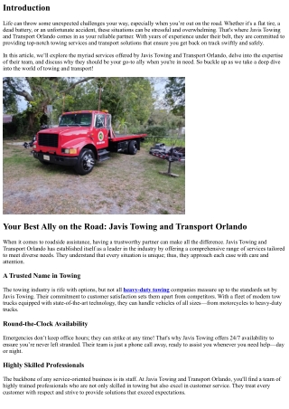 Your Best Ally on the Road: Javis Towing and Transport Orlando