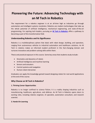 Pioneering the Future- Advancing Technology with an M Tech in Robotics