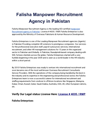 Falisha Manpower Recruitment Agency in Pakistan