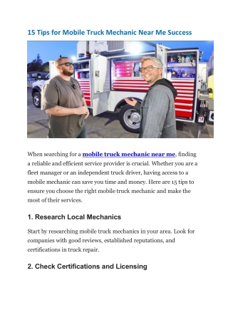 15 Tips for Mobile Truck Mechanic Near Me Success
