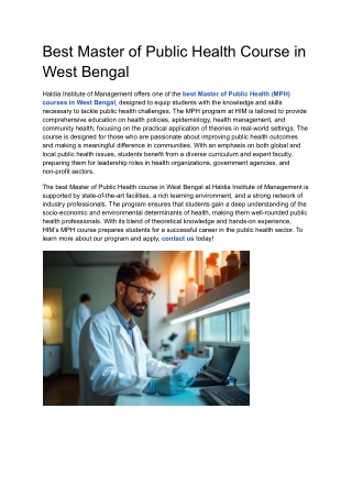 Best Master of Public Health Course in West Bengal