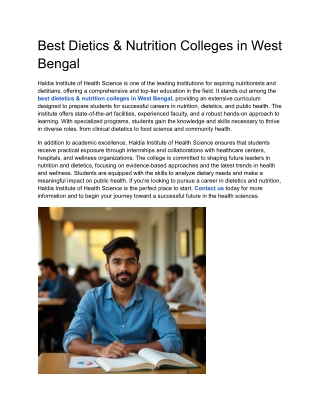 Best Dietics & Nutrition Colleges in West Bengal