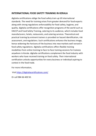 INTERNATIONAL FOOD SAFETY TRAINING IN KERALA
