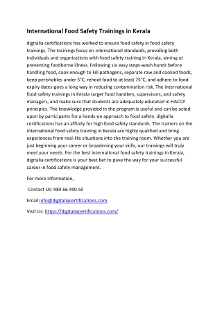 International Food Safety Trainings in  Kerala