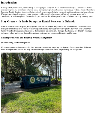 Stay Green with Javis Dumpster Rental Services in Orlando