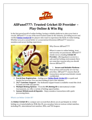 AllPanel777-Trusted Cricket ID Provider – Play Online And Win Big