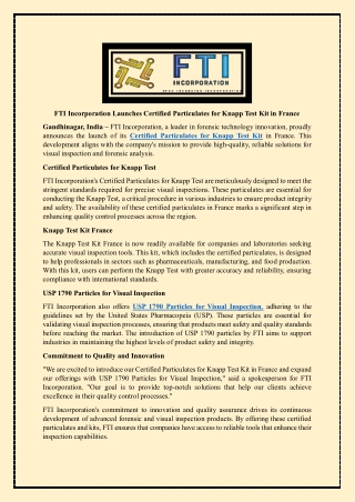 FTI Incorporation Launches Certified Particulates for Knapp Test Kit in France