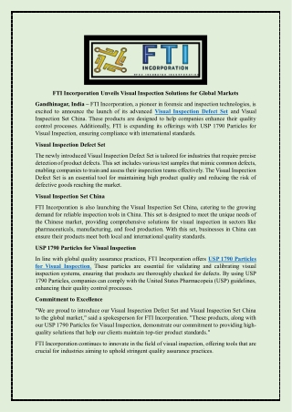 FTI Incorporation Unveils Visual Inspection Solutions for Global Markets