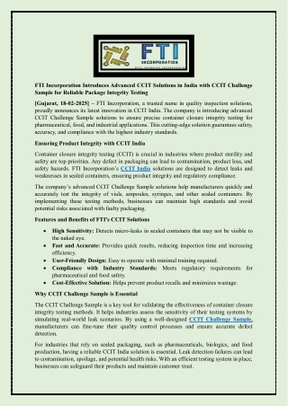 FTI Incorporation Introduces Advanced CCIT Solutions in India with CCIT Challenge Sample for Reliable Package Integrity
