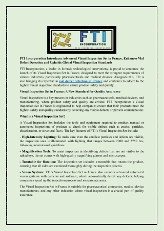 FTI Incorporation Introduces Advanced Visual Inspection Set in France, Enhances Vial Defect Detection and Upholds Global