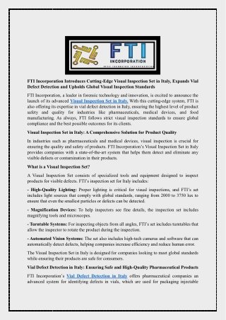 FTI Incorporation Introduces Cutting-Edge Visual Inspection Set in Italy, Expands Vial Defect Detection and Upholds Glob