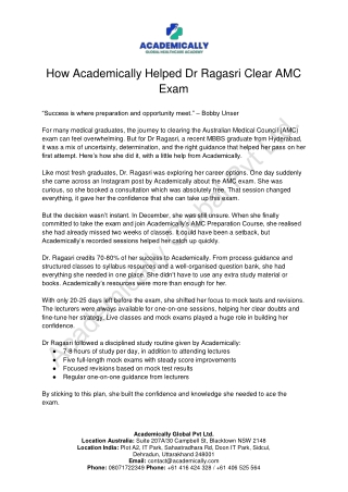How Academically Helped Dr Ragasri Clear AMC Exam