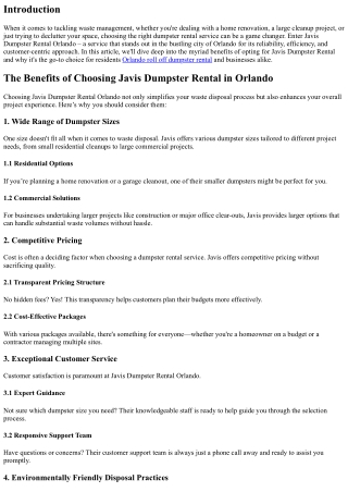 The Benefits of Choosing Javis Dumpster Rental in Orlando