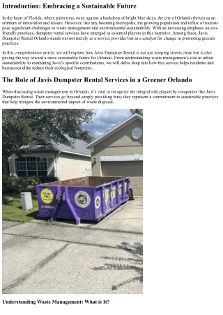 The Role of Javis Dumpster Rental Services in a Greener Orlando