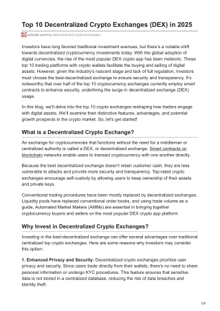 Top 10 Decentralized Crypto Exchanges DEX in 2025