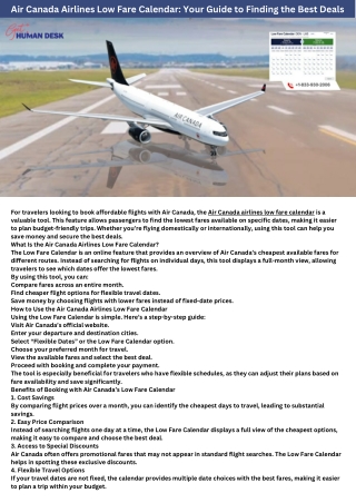 Air Canada Airlines Low Fare Calendar