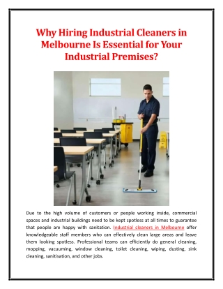 Why Hiring Industrial Cleaners in Melbourne Is Essential for Your Industrial Premises