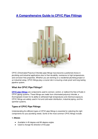 A Comprehensive Guide to CPVC Pipe Fittings - Finolex Pipes