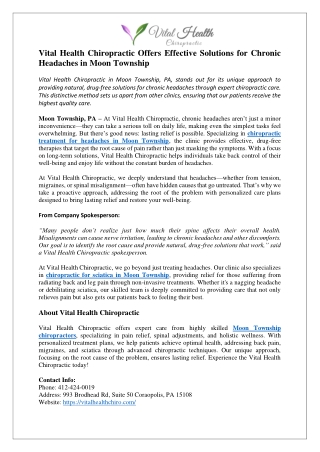 Vital Health Chiropractic Offers Effective Solutions for Chronic Headaches in Moon Township
