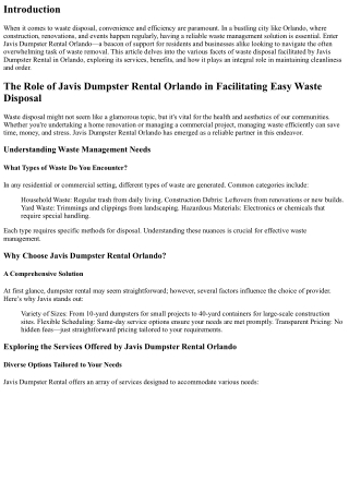 The Role of Javis Dumpster Rental Orlando in Facilitating Easy Waste Disposal.