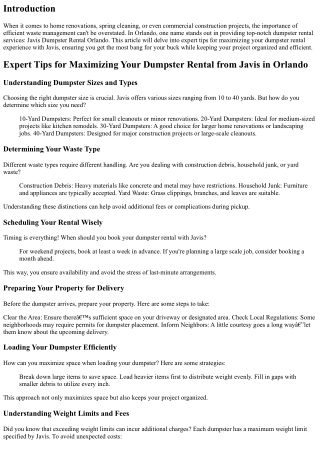 Expert Tips for Maximizing Your Dumpster Rental from Javis in Orlando