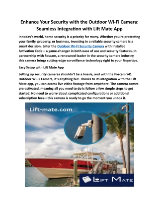 Outdoor Wi-Fi Security Camera with Lift Mate App Integration