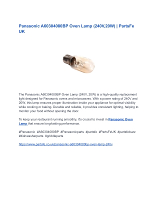 Panasonic A60304080BP Oven Lamp (240V,20W) _ PartsFe UK