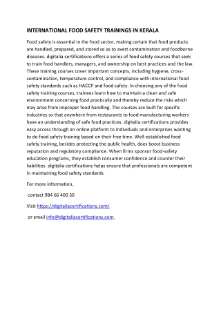 INTERNATIONAL FOOD SAFETY TRAININGS IN KERALA