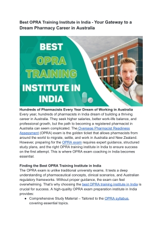 Best OPRA Training Institute in India - Your Gateway to a Dream Pharmacy Career in Australia