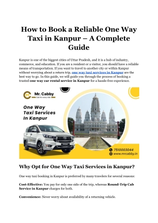 Book One Way Taxi Services in Kanpur