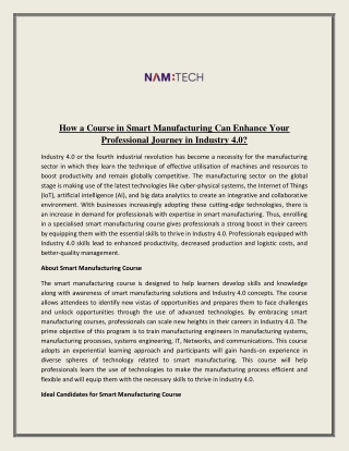 How a Course in Smart Manufacturing Can Enhance Your Professional Journey in Ind