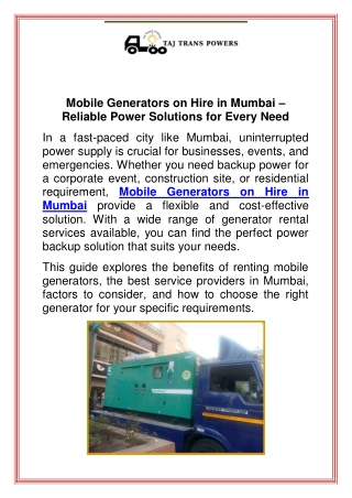 Mobile Generators on Hire in Mumbai  Reliable Power Solutions for Every Need