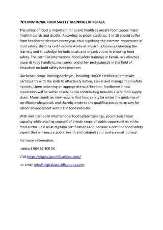 INTERNATIONAL FOOD SAFETY TRAININGS IN KERALA