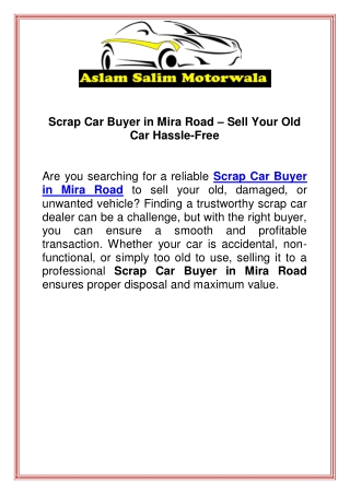 Scrap Car Buyer in Mira Road  Sell Your Old Car Hassle-Free