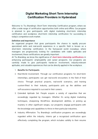 Digital Marketing Short Term Internship Certification Providers in Hyderabad