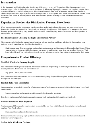 Experienced Foodservice Distribution Partner: Pitco Foods