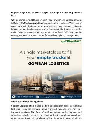Gopiban Logistics- The Best Transport and Logistics Company in Delhi NCR